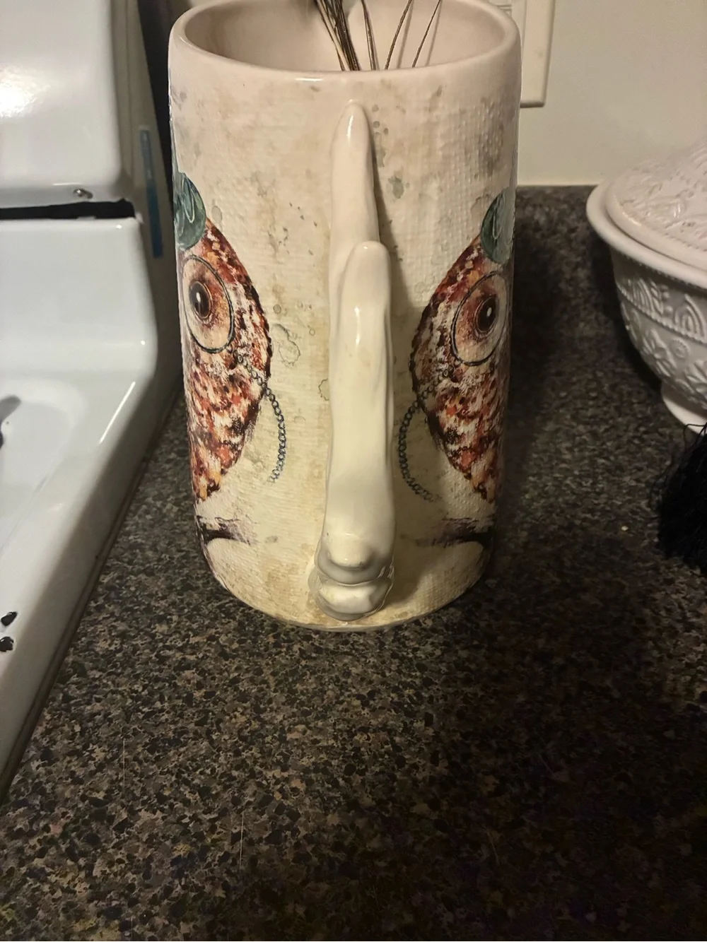 Pier 1 White Ceramic Owl Pitcher with Green Hat and Brown Feathers